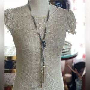 Blue Silver and Opaque Crystal Lariat Necklace With Gold Tone Tassels